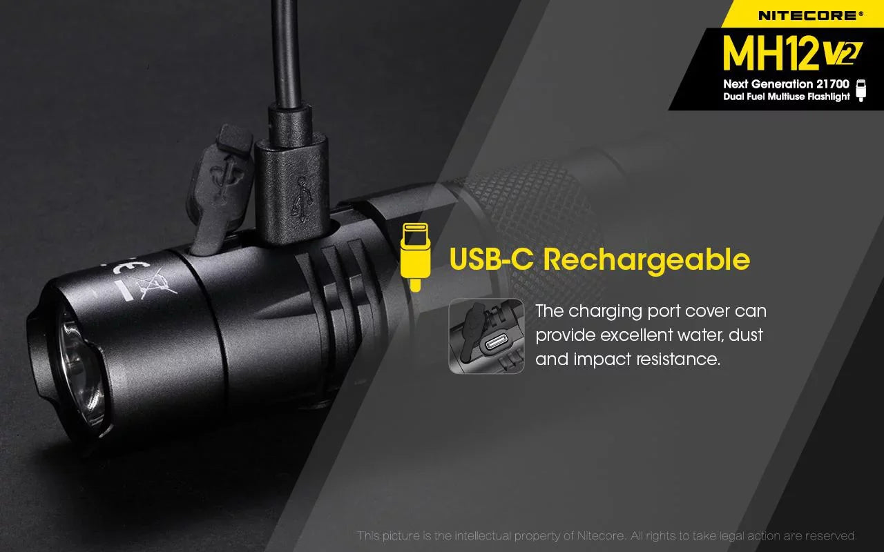 Combo: Nitecore MH12 V2 CREE XP-L2 V6 LED Flashlight -1200 Lumens -21700 Battery (Included) + NL2150i 21700 5000mAh Battery