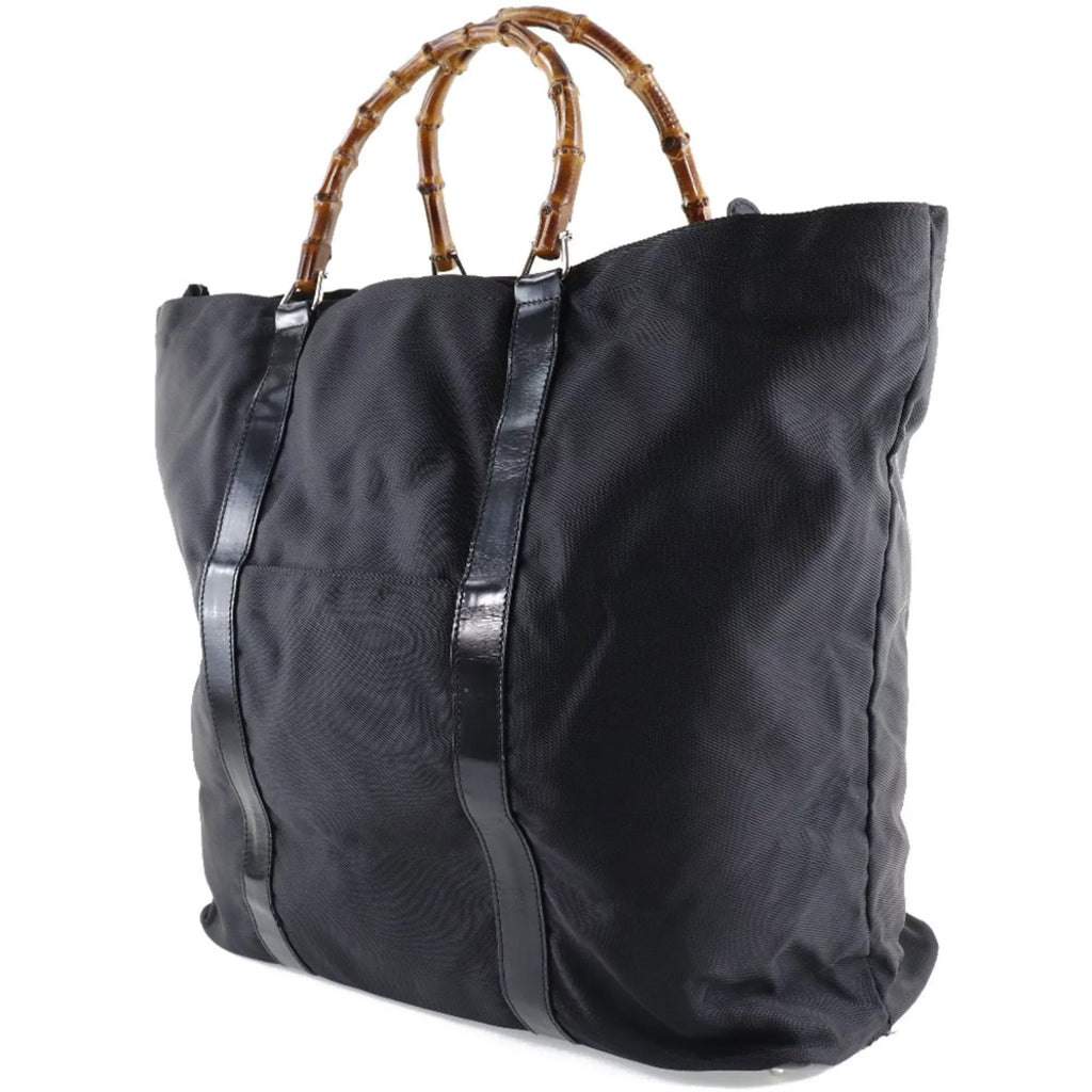 Pre-Owned GUCCI Gucci Bamboo Bag 002-2058-0412-5 Nylon Canvas x Leather Ebony Unisex Tote (Fair)