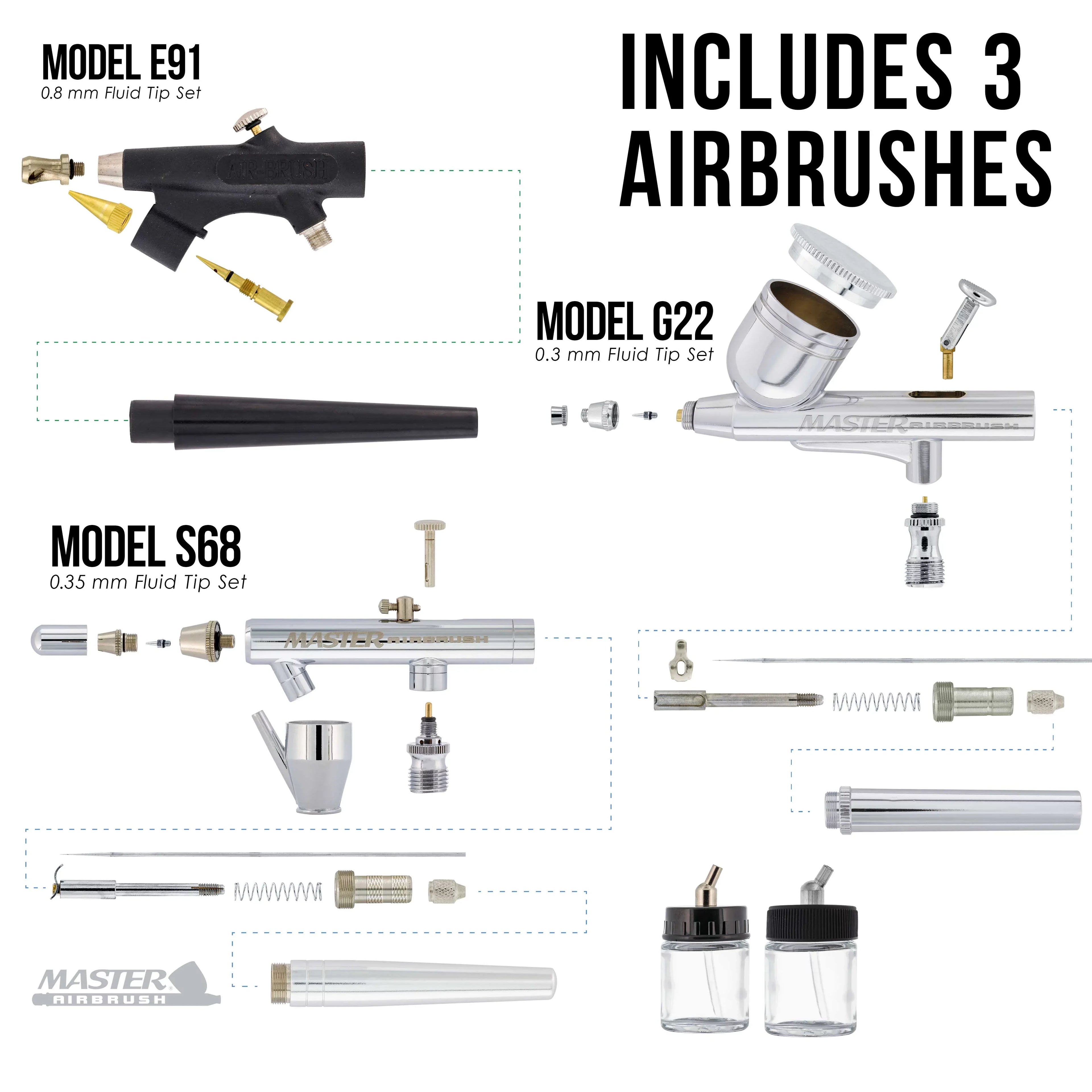 Pro Airbrush System w/ 3 Airbrushes Deluxe Air Compressor & 6 Paint Colors