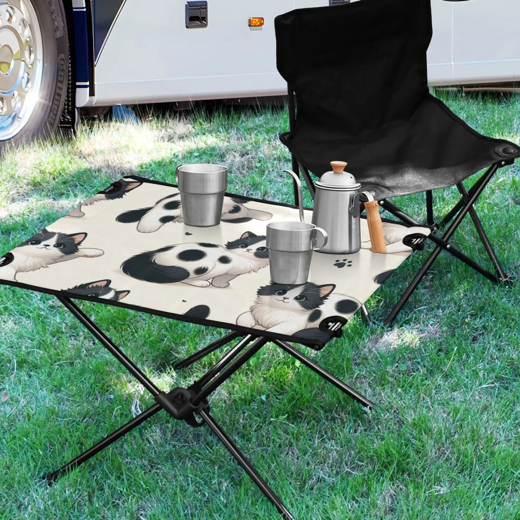 Cute Cat Footprint Camping Folding Table Portable Beach Table with Storage Bag Compact Picnic Table for Outdoor Travel Fishing BBQ