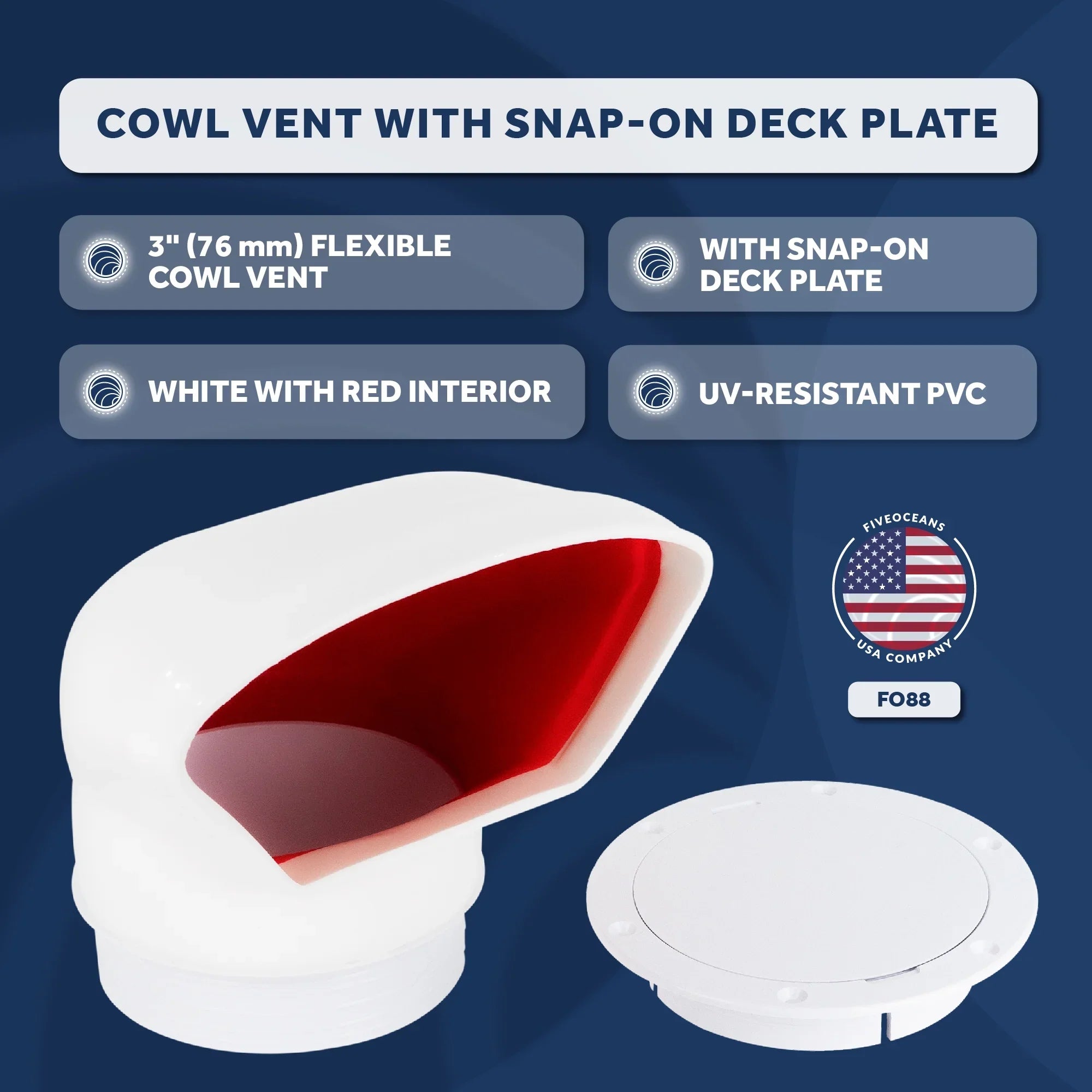 Five Oceans 3-Inch Cowl Vent with Snap-On Deck Plate and Cover, Low Profile UV-Resistant and Flexible Polyvinyl Chloride Red Interior, for Air Intake or Cabin Ventilation- FO88