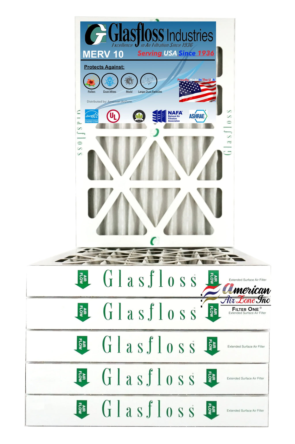 Glasfloss Air Filter 14x25x2 - 2" MERV 10 - (Pack of 6) - Pleated AC or HVAC Air Filter - Furnace Air Filter - Home or Office - Made In The USA.